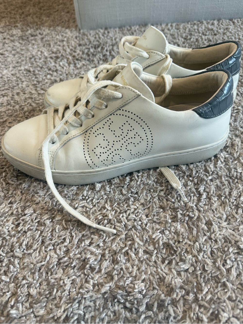Tory Burch White Leather Perforated Logo Sneaker with Black Heel